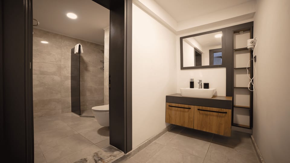 Shower, hydromassage showerhead, free toiletries, hair dryer