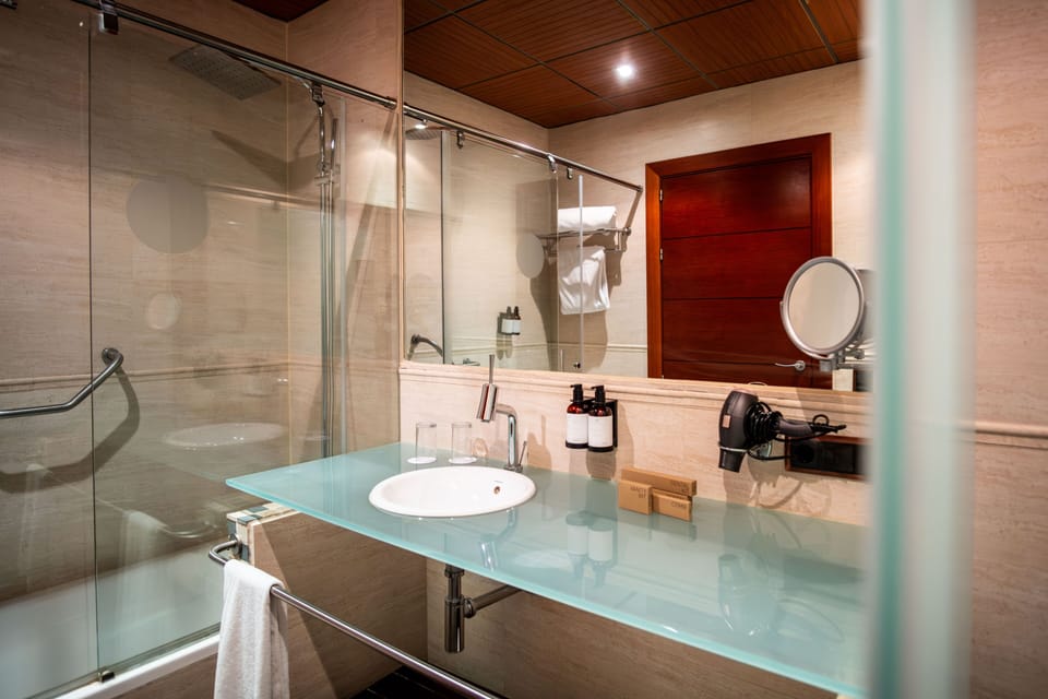 Combined shower/tub, free toiletries, hair dryer, bathrobes