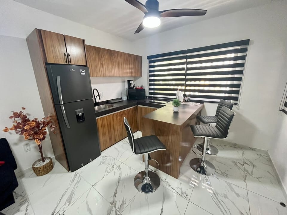 Deluxe Apartment | Private kitchen | Full-size fridge, microwave, oven, rice cooker