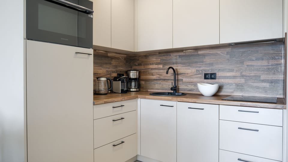 Apartment (419) | Private kitchenette | Fridge, stovetop, electric kettle, cookware/dishes/utensils