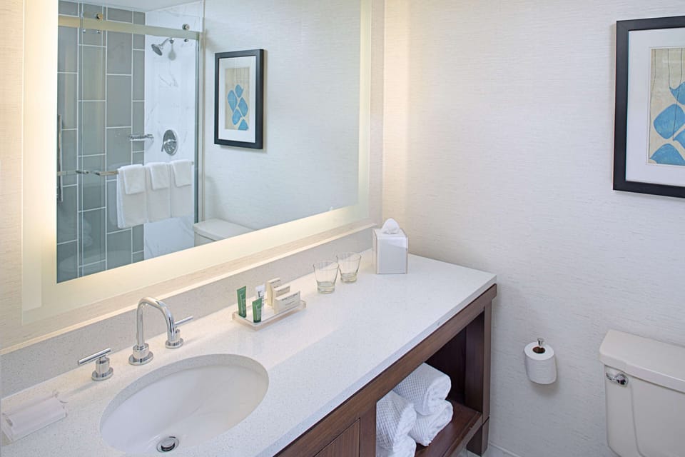 Combined shower/tub, free toiletries, hair dryer, bathrobes