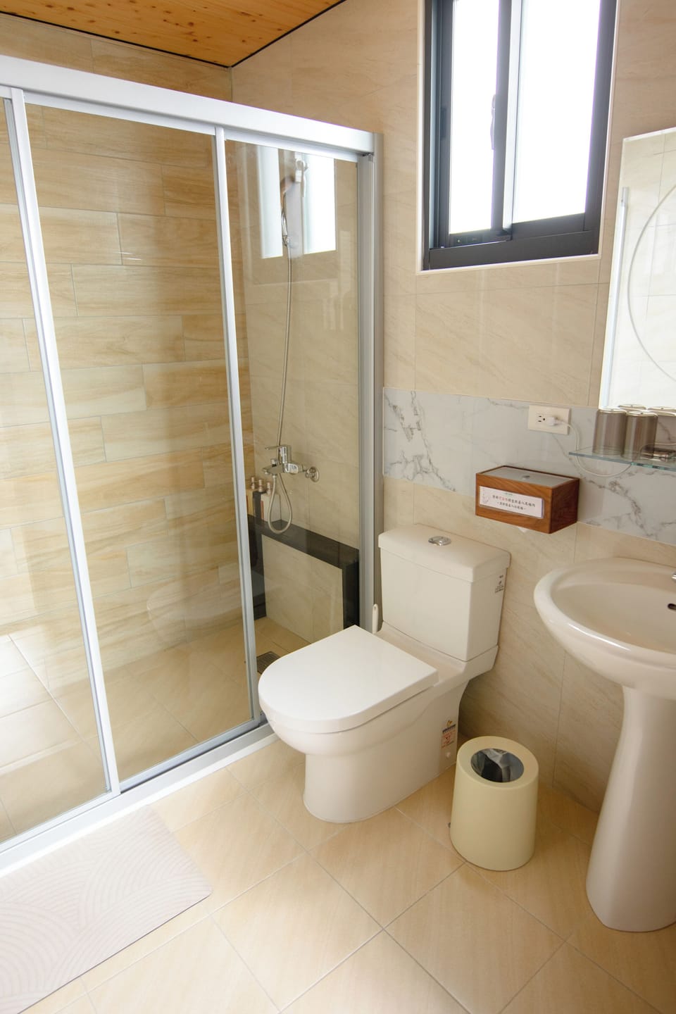 Shower, rainfall showerhead, hair dryer, soap