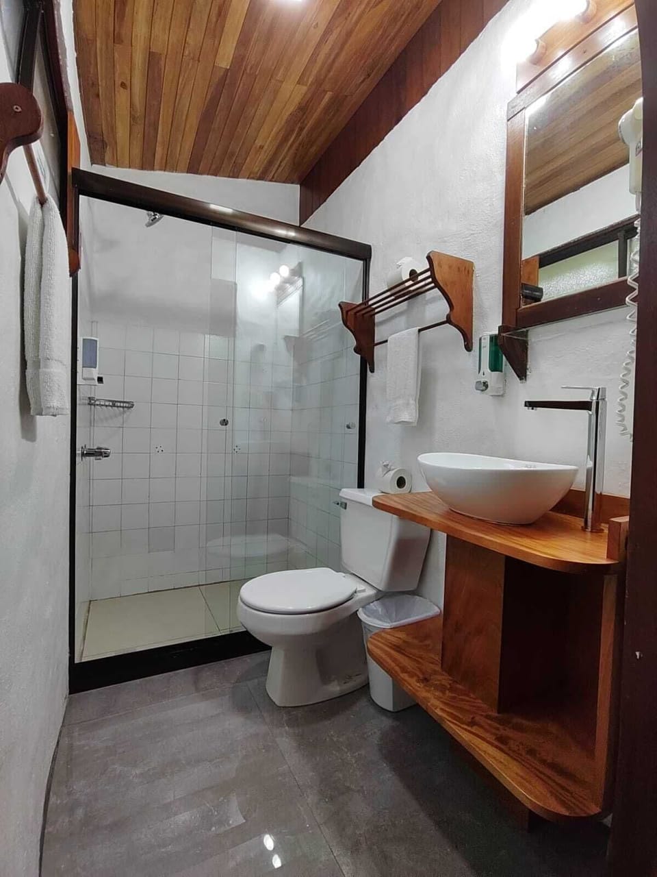 Shower, rainfall showerhead, free toiletries, hair dryer