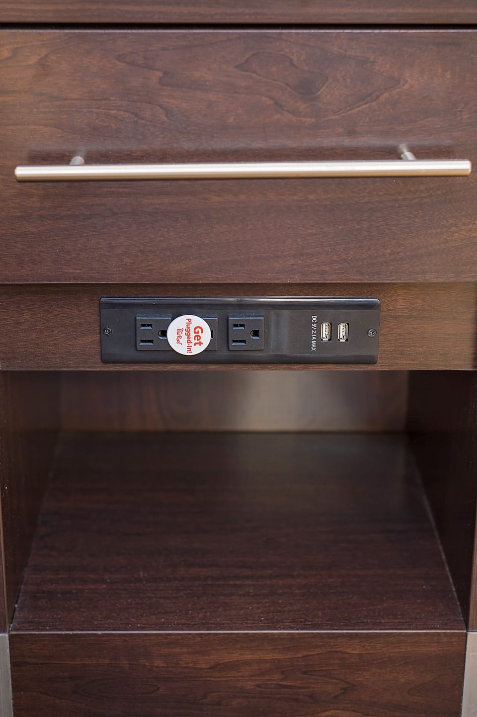 Desk, laptop workspace, blackout drapes, iron/ironing board