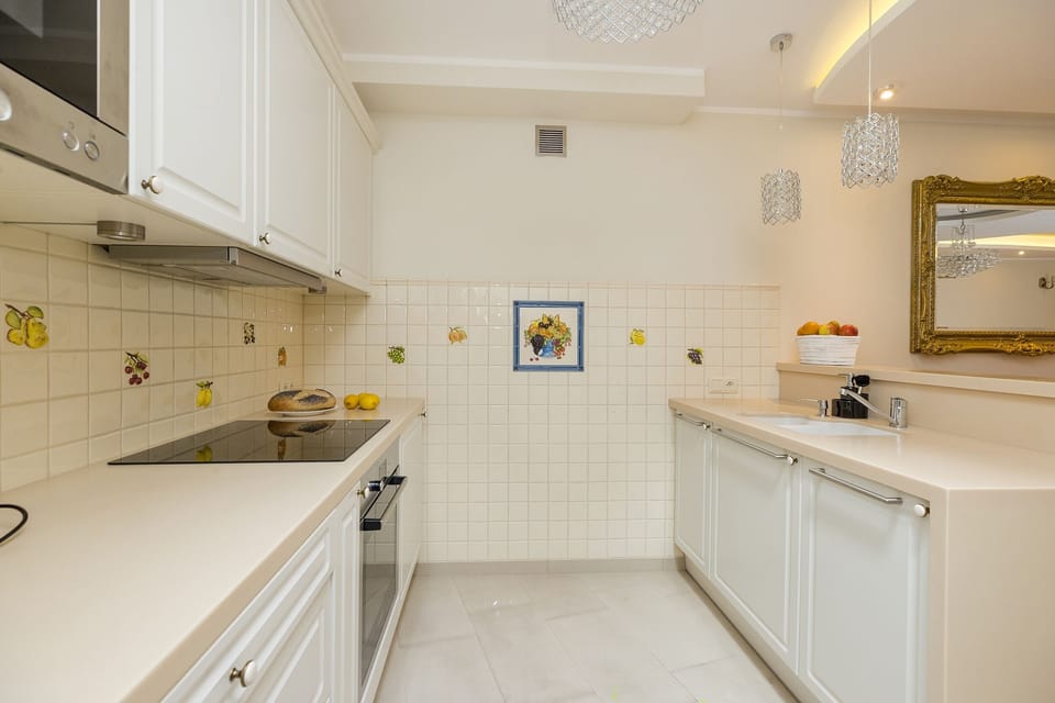 Deluxe Apartment | Private kitchen | Full-size fridge, microwave, oven, stovetop