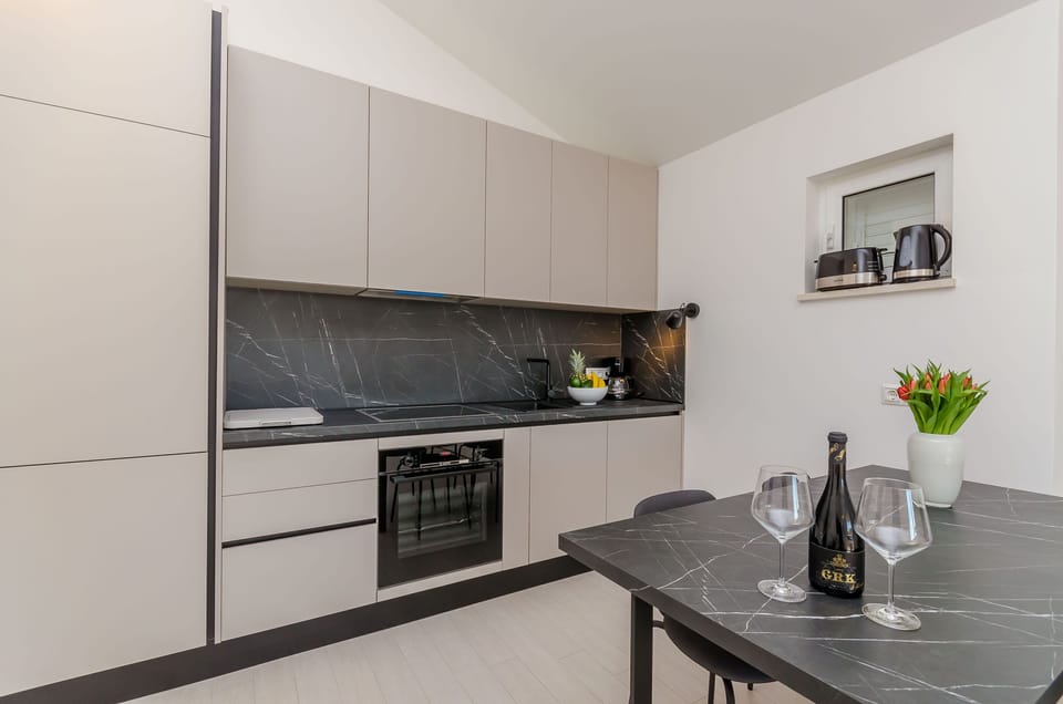 Apartment (A2) | Private kitchen | Fridge, microwave, oven, stovetop