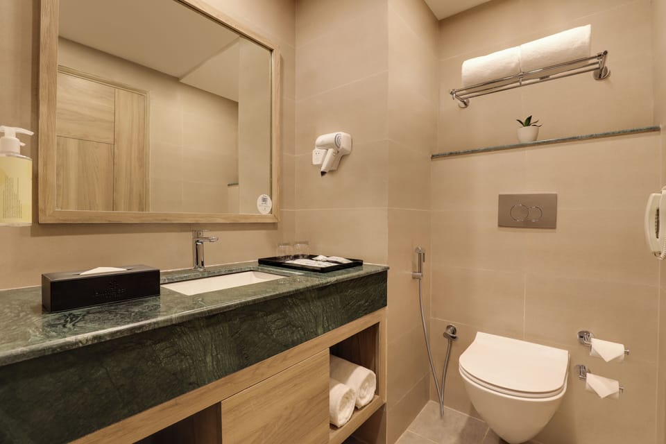Shower, rainfall showerhead, hair dryer, slippers