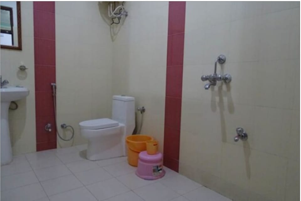 Shower, towels, soap, toilet paper