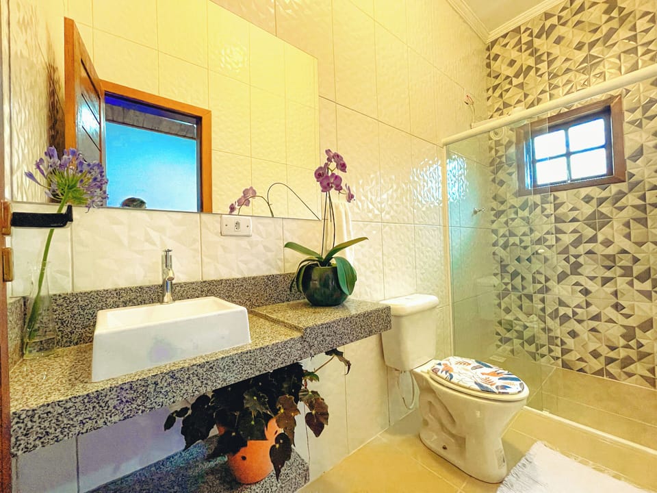 Shower, towels, soap, toilet paper