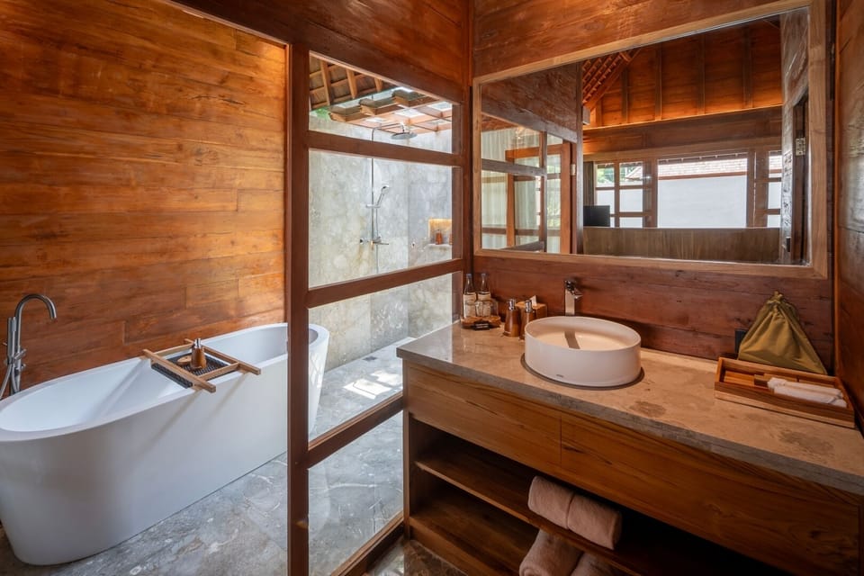 Emana Wooden Villas | Bathroom | Separate tub and shower, hair dryer, bathrobes, slippers