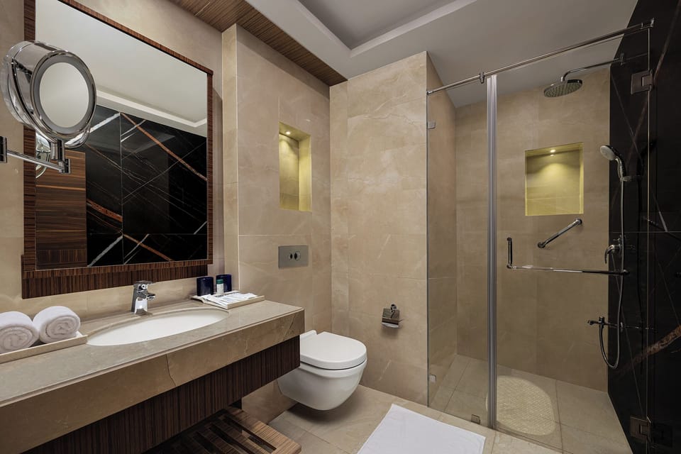 Shower, rainfall showerhead, hair dryer, slippers