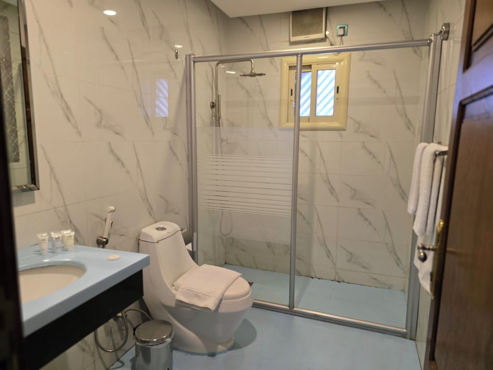 Rainfall showerhead, bathrobes, bidet, towels