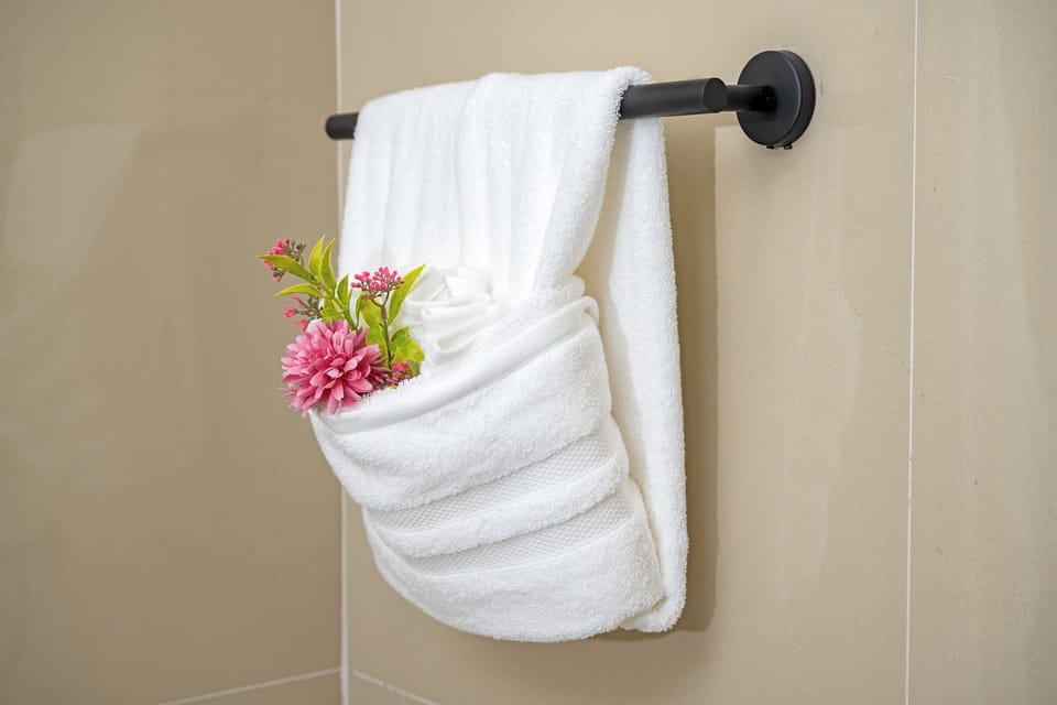 Shower, designer toiletries, hair dryer, towels