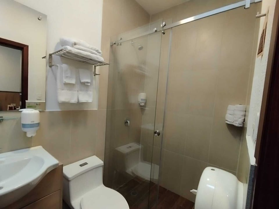 Shower, towels, soap, shampoo