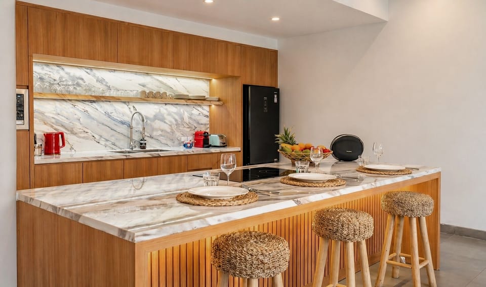 Full-size fridge, microwave, stovetop, espresso maker