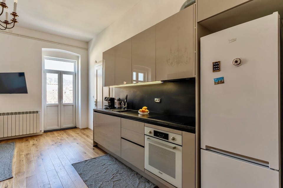 Deluxe Apartment, Balcony, City View | Private kitchen | Mini-fridge, oven, stovetop, dishwasher