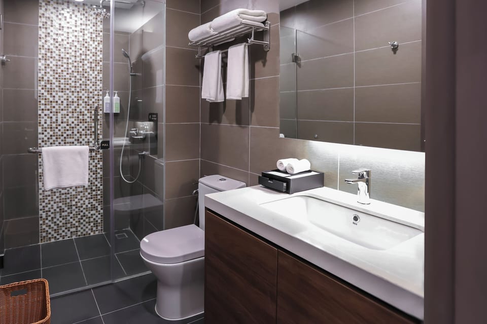 Shower, hair dryer, bathrobes, slippers