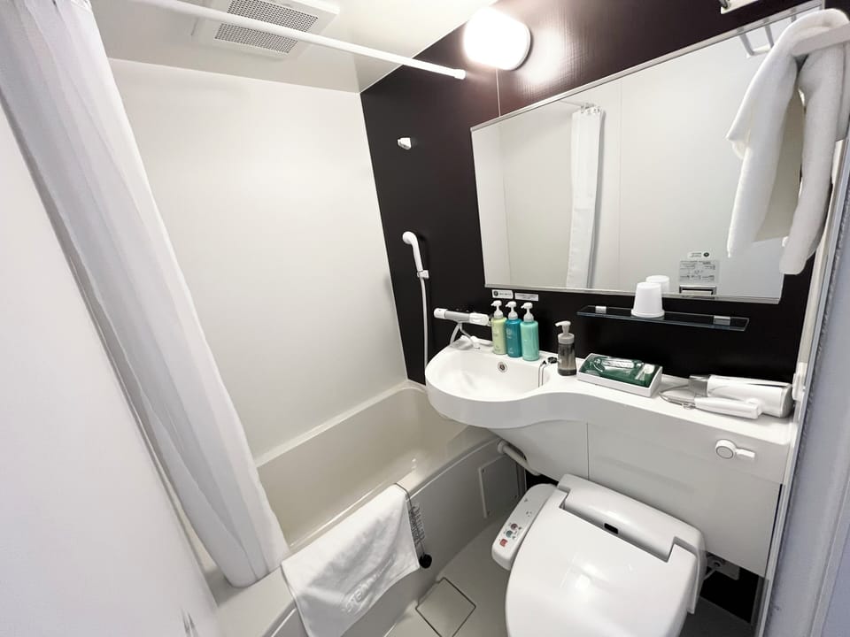 Combined shower/tub, hair dryer, towels, shampoo
