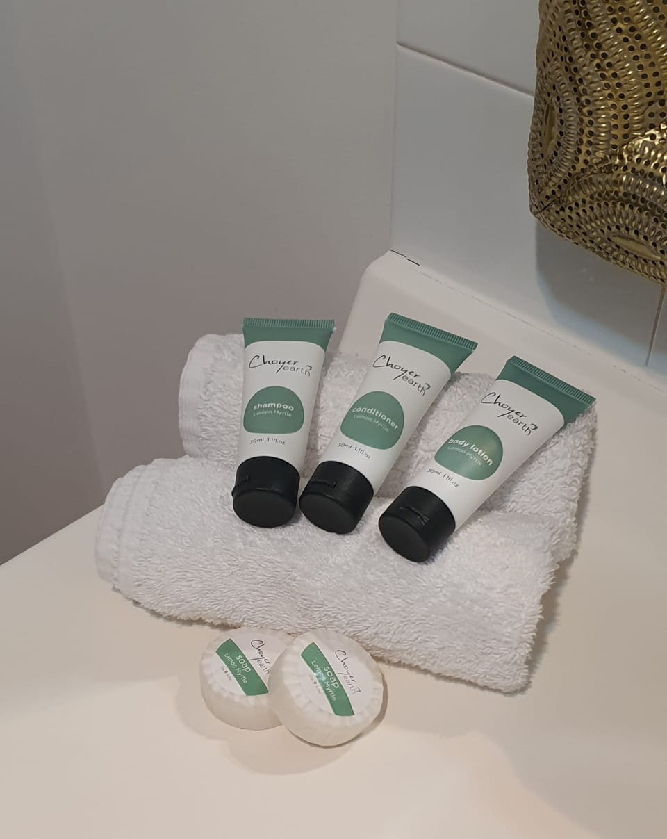 Shower, designer toiletries, hair dryer, towels