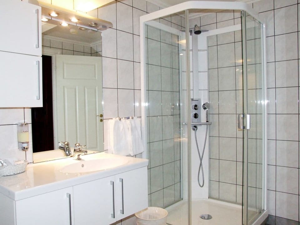 Shower, free toiletries, hair dryer, towels