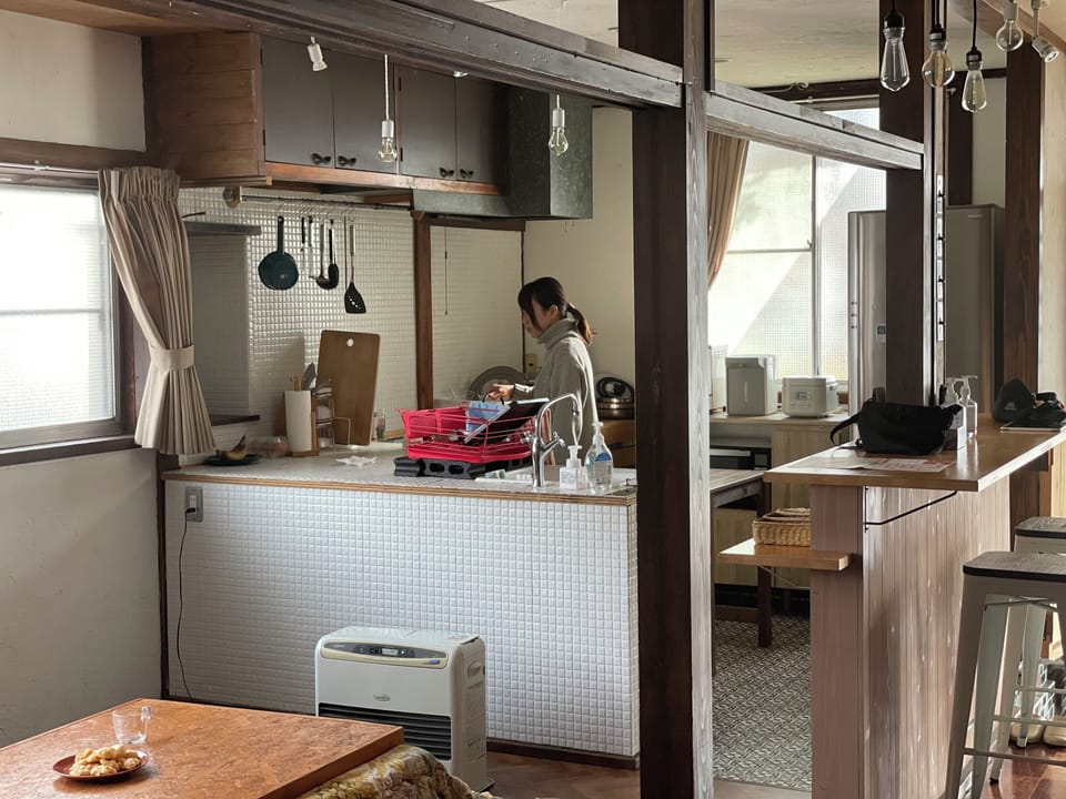 Full-size fridge, microwave, stovetop, rice cooker