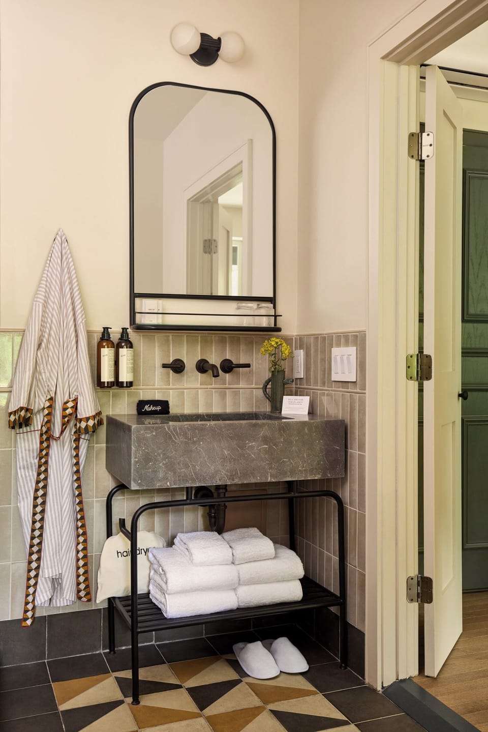 Hair dryer, bathrobes, slippers, towels