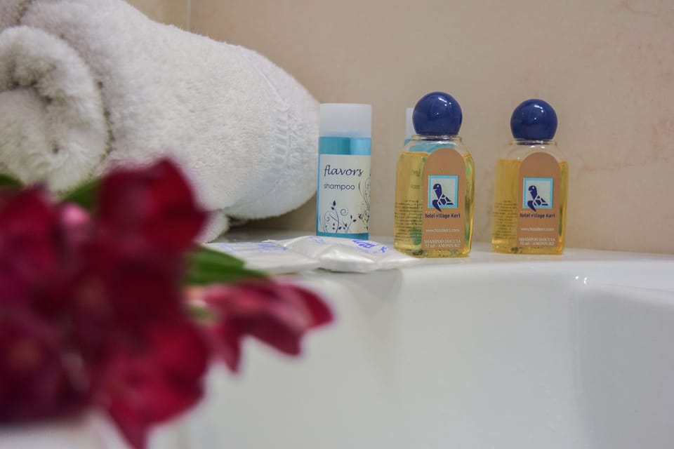 Shower, hydromassage showerhead, free toiletries, hair dryer