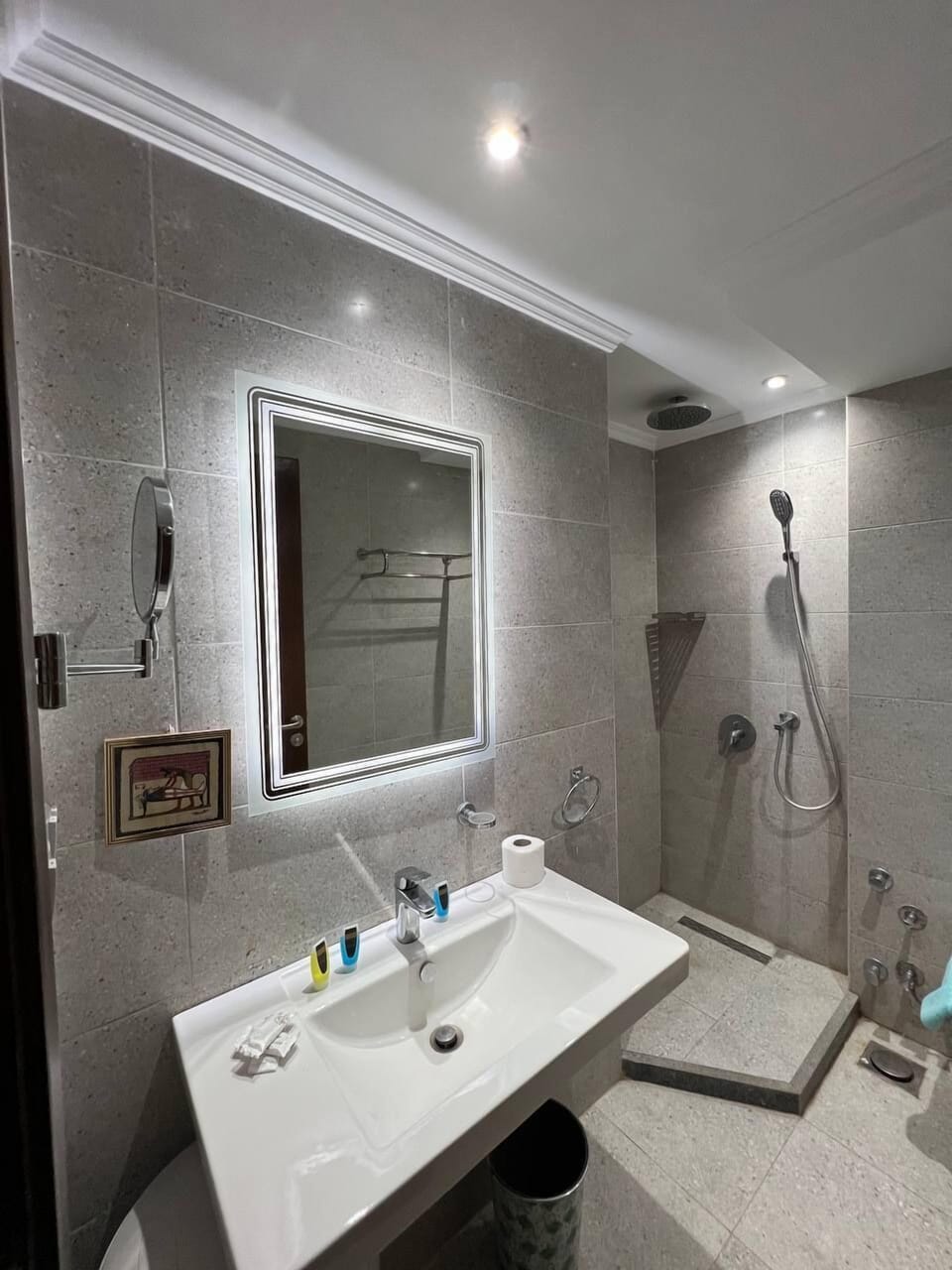 Hair dryer, towels, soap, shampoo