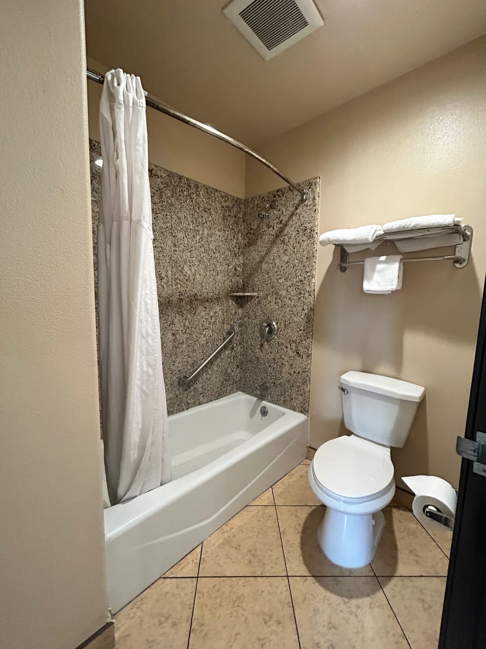 Bathtub, towels, soap, shampoo