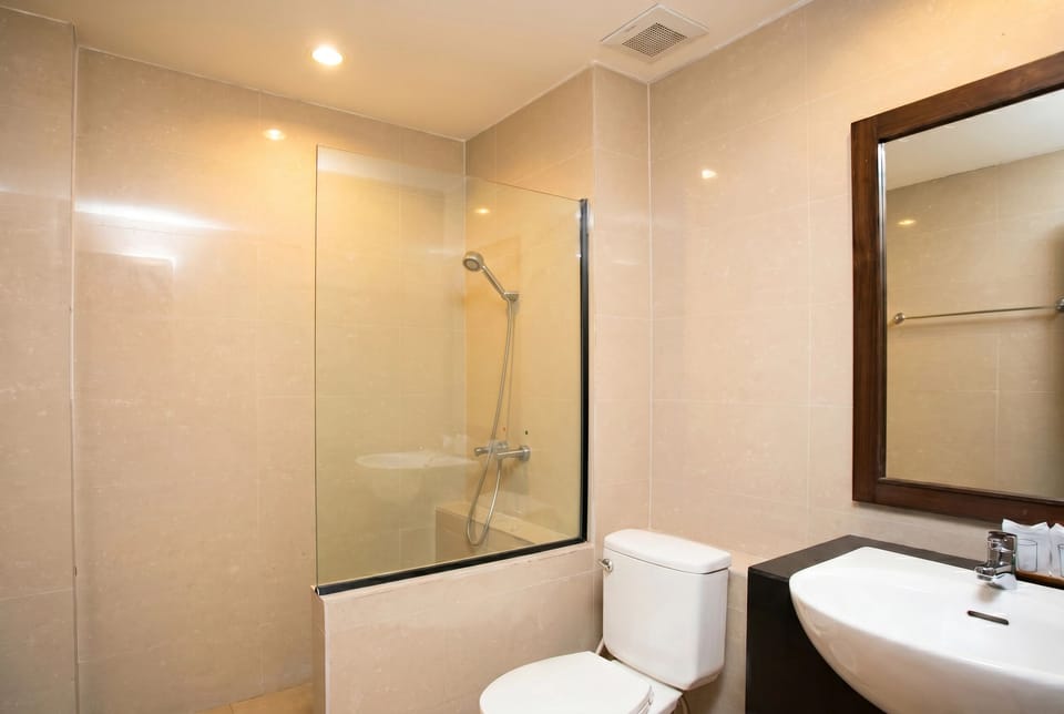 Shower, free toiletries, hair dryer, slippers