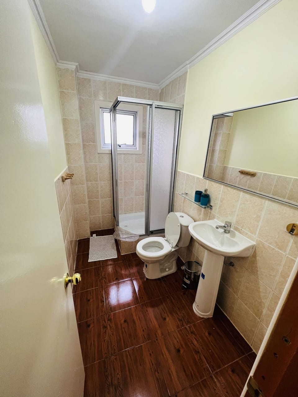 Shower, towels, soap, toilet paper
