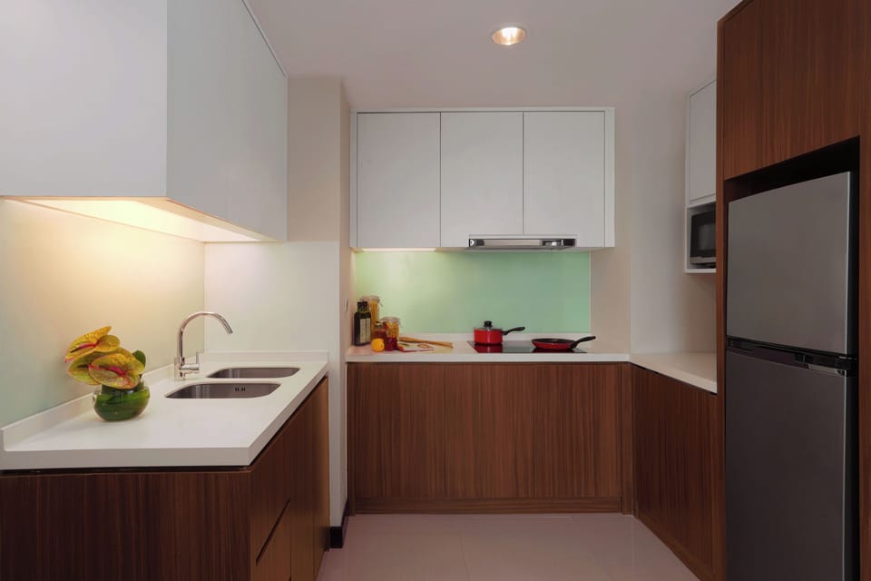 Full-size fridge, dining tables