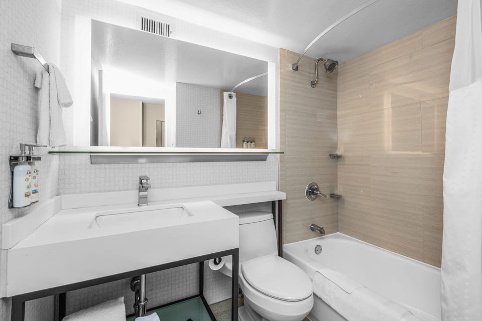 Combined shower/tub, free toiletries, hair dryer, towels