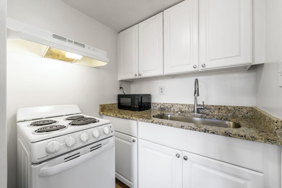 Full-size fridge, microwave, oven, stovetop