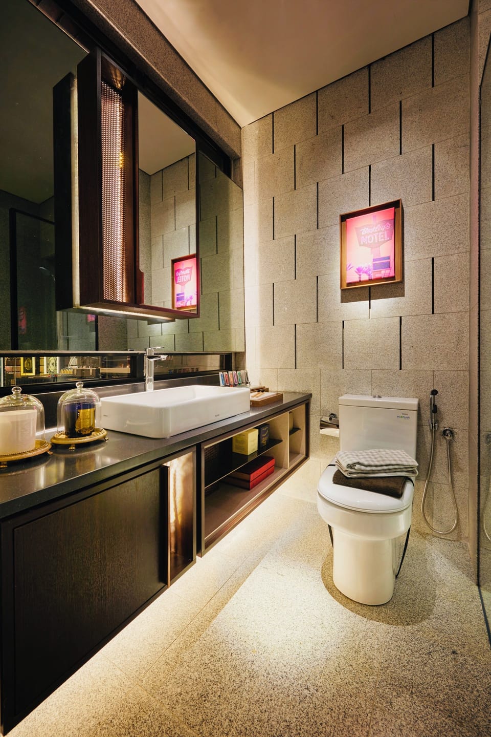 Shower, hydromassage showerhead, designer toiletries, hair dryer