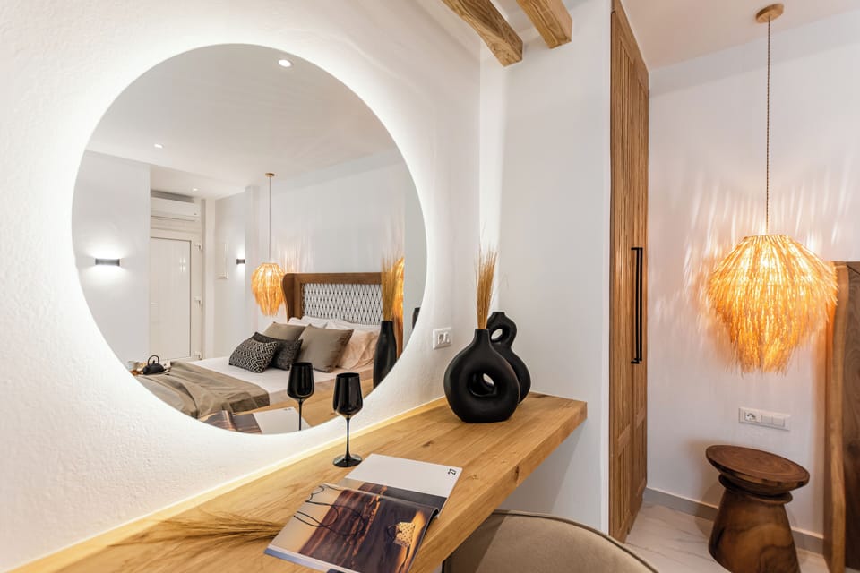 Premium bedding, desk, laptop workspace, soundproofing