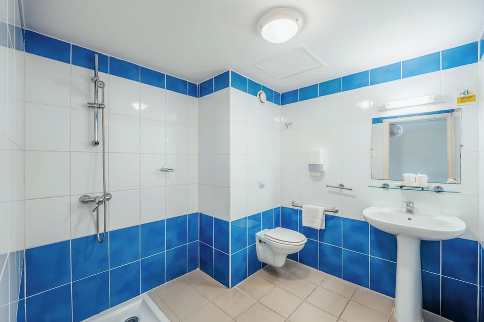 Shower, free toiletries, hair dryer, towels