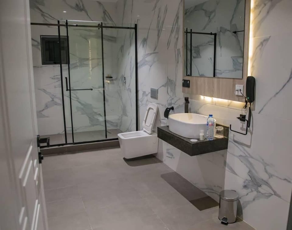 Shower, hydromassage showerhead, designer toiletries, hair dryer