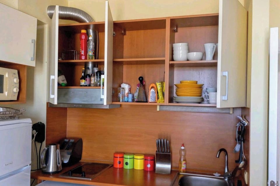 Fridge, microwave, stovetop, electric kettle
