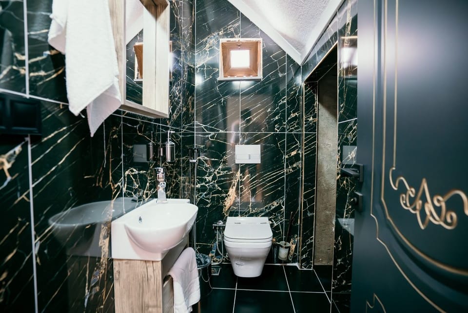 Shower, rainfall showerhead, hair dryer, bathrobes