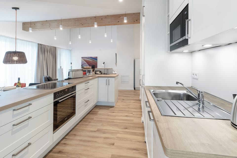 Full-size fridge, microwave, oven, stovetop