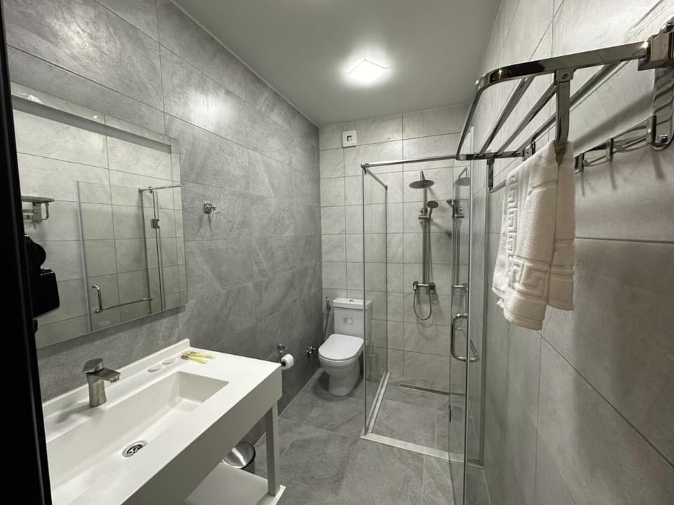 Shower, hair dryer, bathrobes, slippers