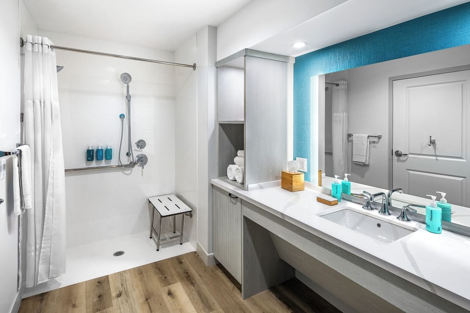 Rainfall showerhead, hair dryer, towels, soap