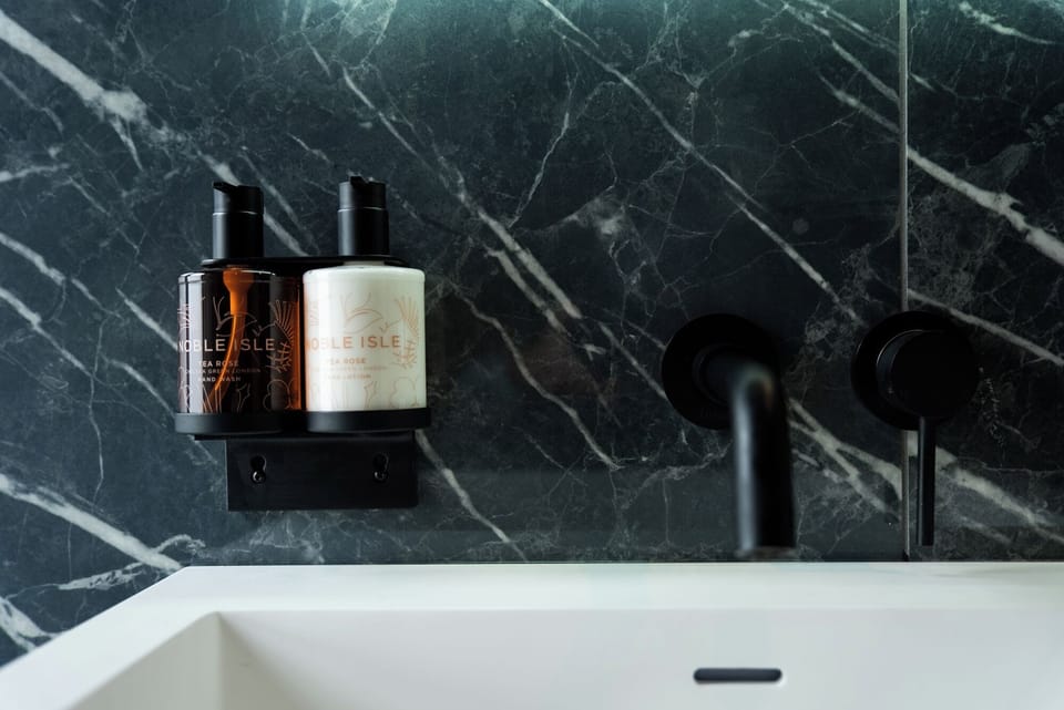 Hair dryer, towels, soap, shampoo