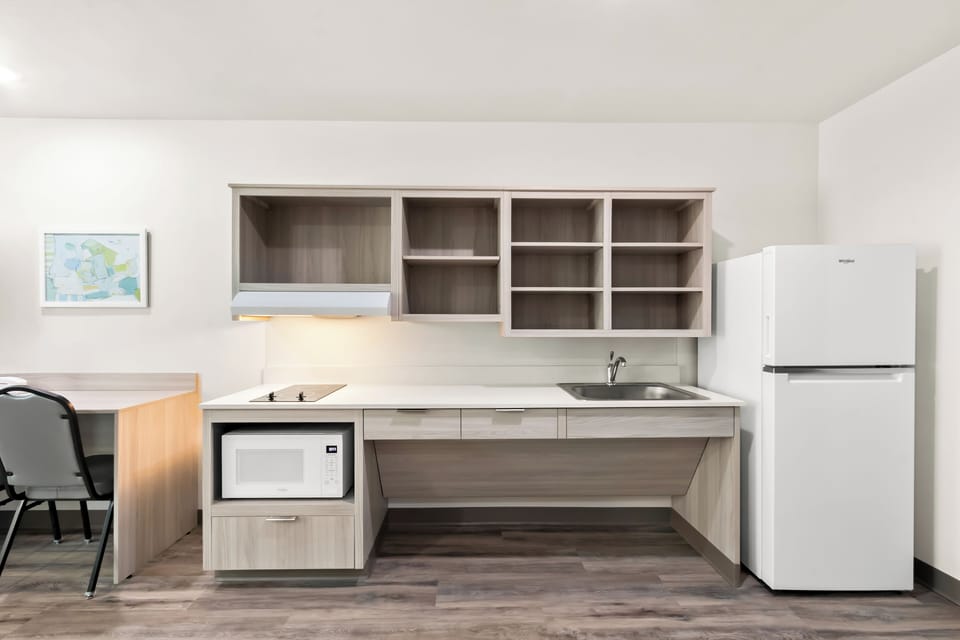 Full-size fridge, microwave, stovetop