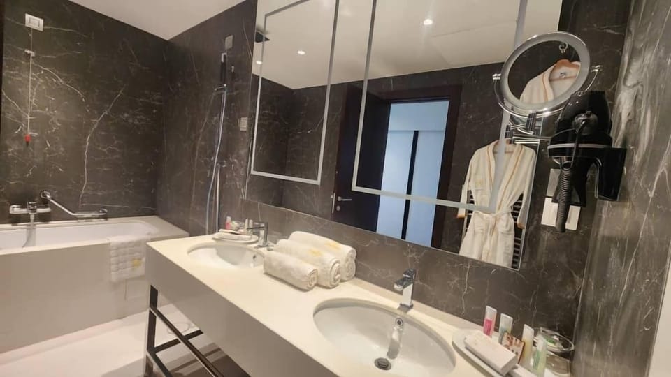 Hair dryer, towels, soap, shampoo