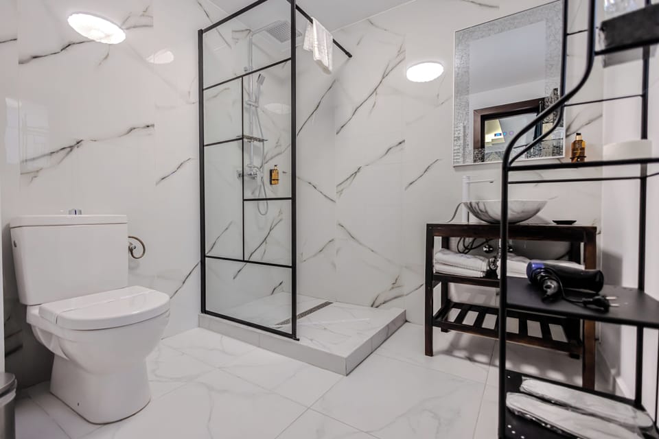 Shower, free toiletries, hair dryer, slippers