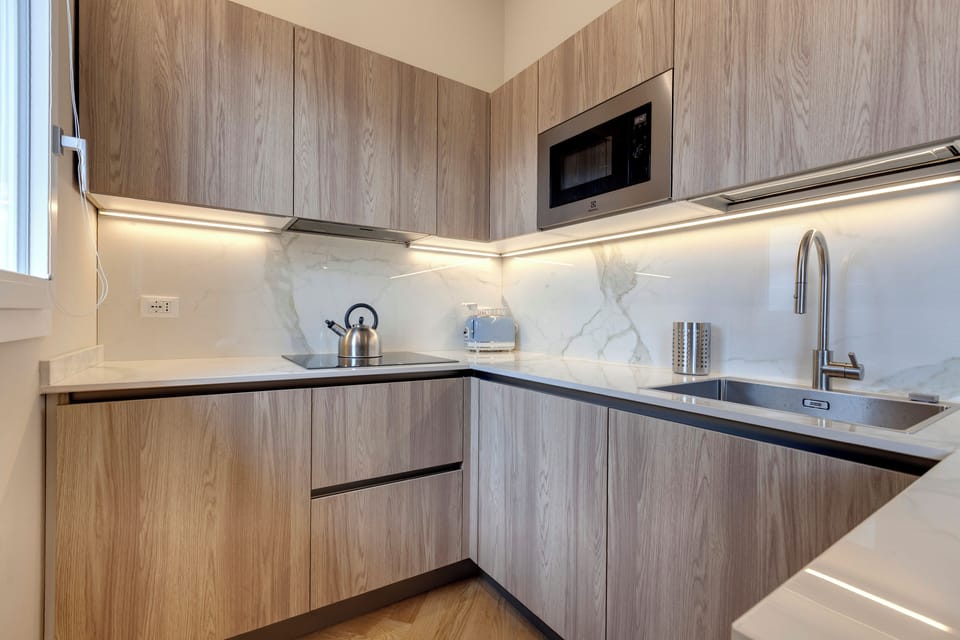 Apartment | Private kitchen | Full-size fridge, microwave, oven, stovetop