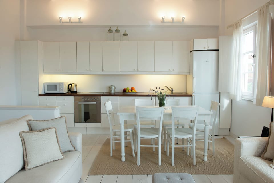Fridge, microwave, oven, cookware/dishes/utensils