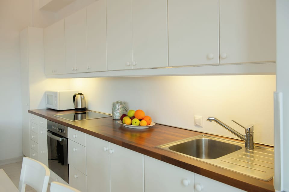 Fridge, microwave, oven, cookware/dishes/utensils